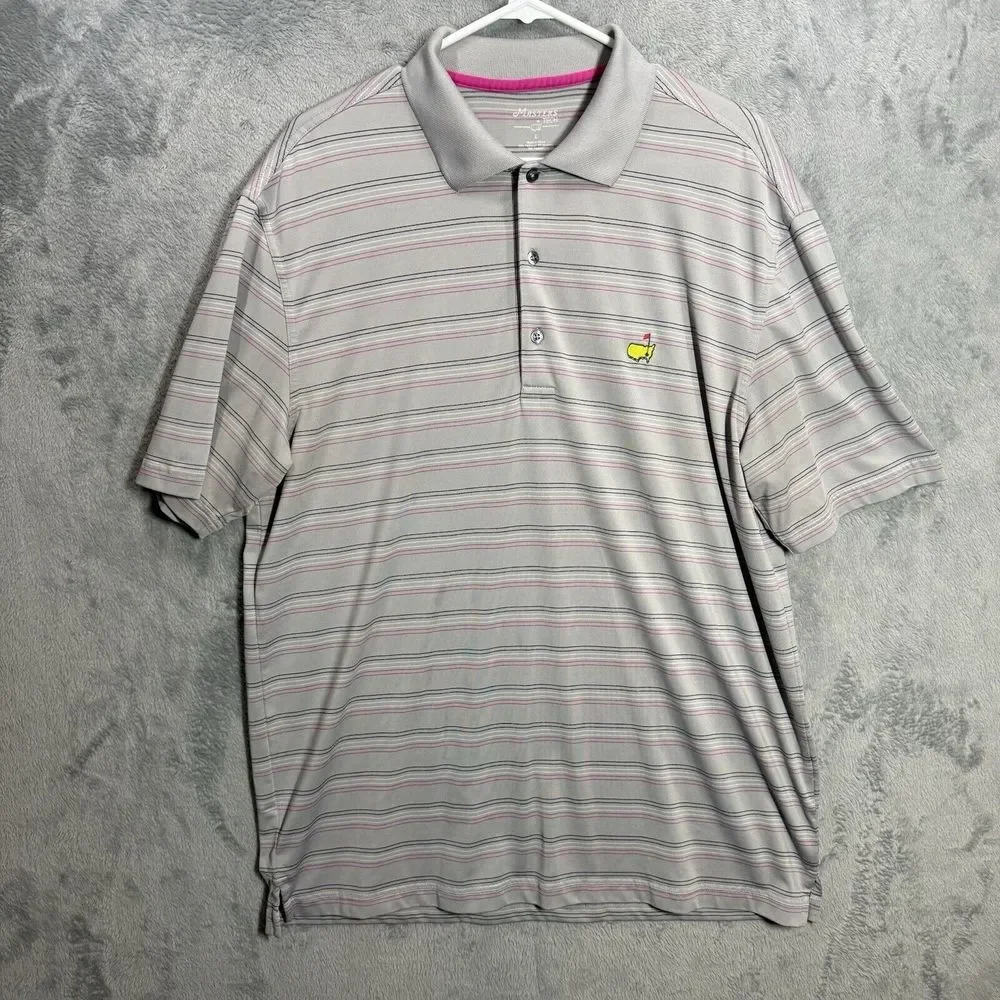 Masters Tech Golf Polo Shirt Mens‎ Large Gray Pink Striped Short Sleeve Stretch